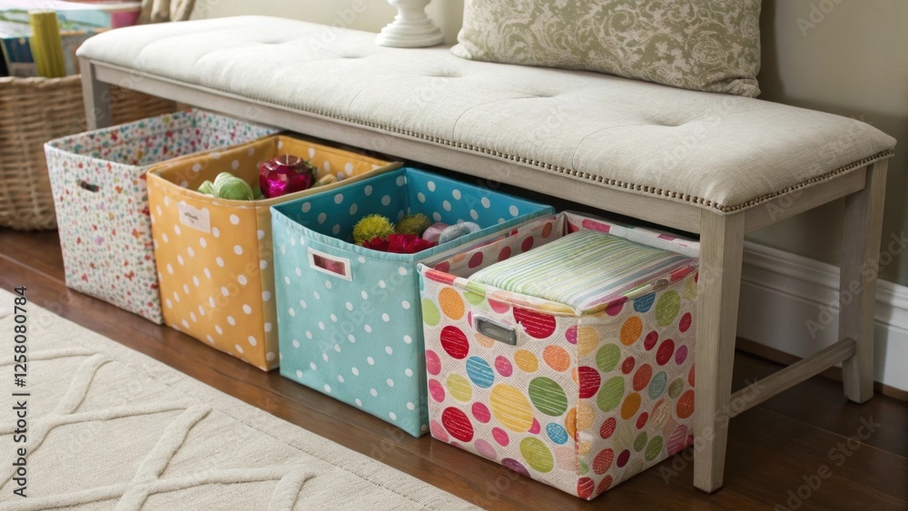 Fototapete a closeup of vibrant fabric storage bins arranged beneath a cushioned dining bench featuring playful
