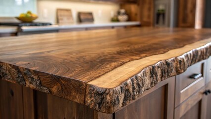 A closeup of the underside of a live edge wood countertop revealing the intricate unrefined edges that enhance its natural character and artisanal appeal in the kitchen.