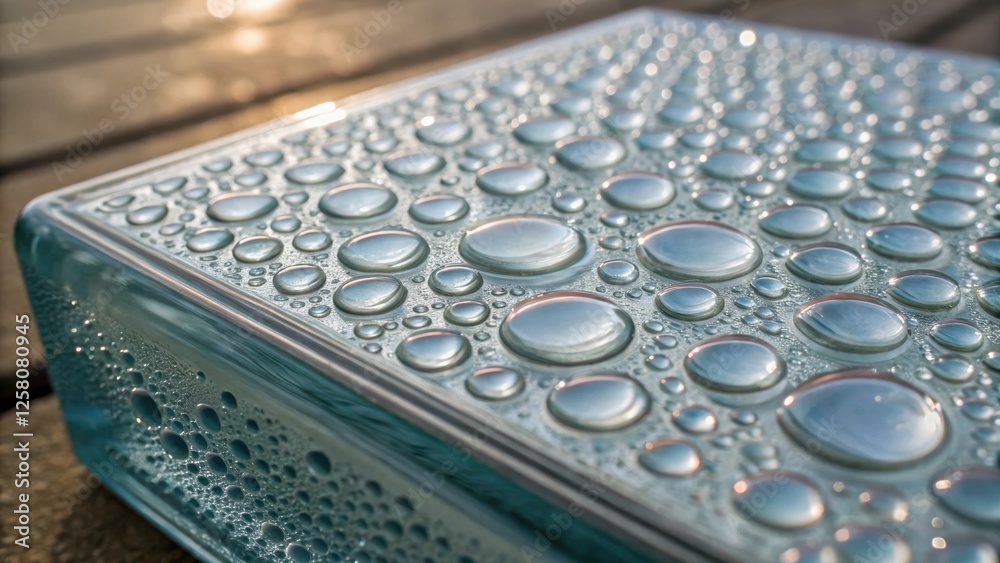 Aufkleber A closeup of water droplets on the surface of a glass block reflecting light and creating a visually captivating effect blending transparency and texture.