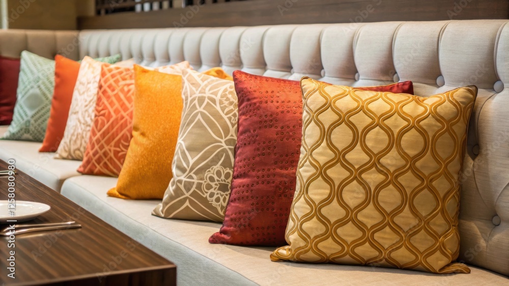 Poster A closeup of wellarranged throw pillows on a banquette displaying an array of textures and colors that enhance the comfort and style of the dining area.