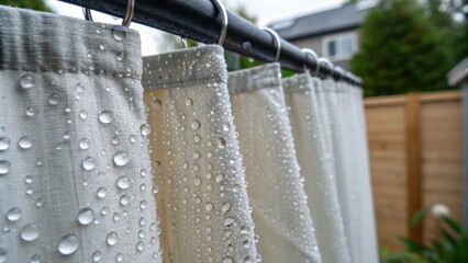 A closeup of water droplets beading on the surface of a curtain after rainfall highlighting its weatherresistant qualities and functionality in diverse weather conditions.