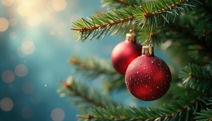 Obraz premium Glittering Christmas balls suspended from a bare Christmas tree branch, holiday, sparkle