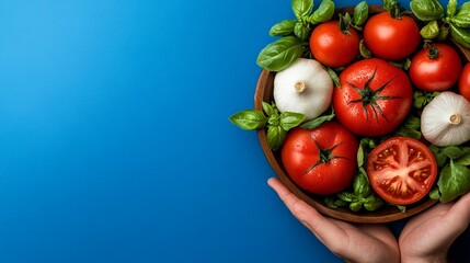 Fresh Red Tomatoes with Green Basil and Garlic on Blue Background