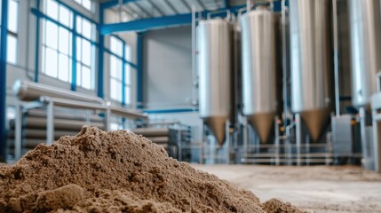 Beer sludge and treatment. Manufacturing facility with storage silos and a pile of raw material in the foreground.