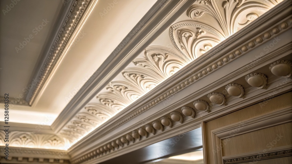 Poster A closeup shot highlighting intricate moldings of a recessed ceiling design emphasizing the smooth transitions between surfaces and the play of light.