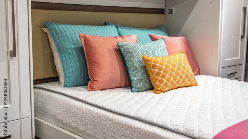 Poster A closeup shot highlighting the pillows and bedding neatly arranged on a Murphy bed that is closed showcasing the potential for both function and personalization in a multiuse