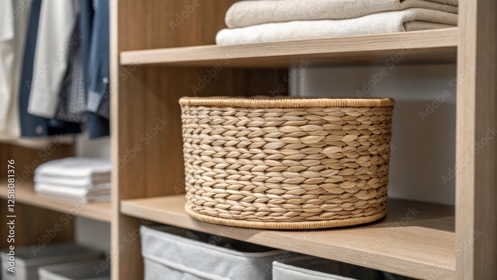 Poster A closeup shot of a decorative basket blending seamlessly with a neutral shelf emphasizing the aesthetic appeal and unity of design elements in a walkin closet.
