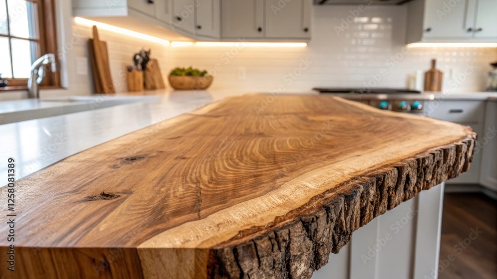 Poster a closeup shot of a live edge countertop edge capturing the raw contours and bark emphasizing the na