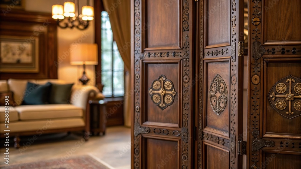 Poster a closeup shot of antique doors and hinges partially obscured by a folding screen in a cozy living r