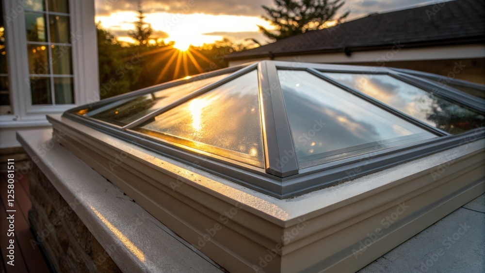 Aufkleber A closeup shot of a skylight with a reflective surface capturing sunlight streaming through and illuminating the surrounding area with warmth.