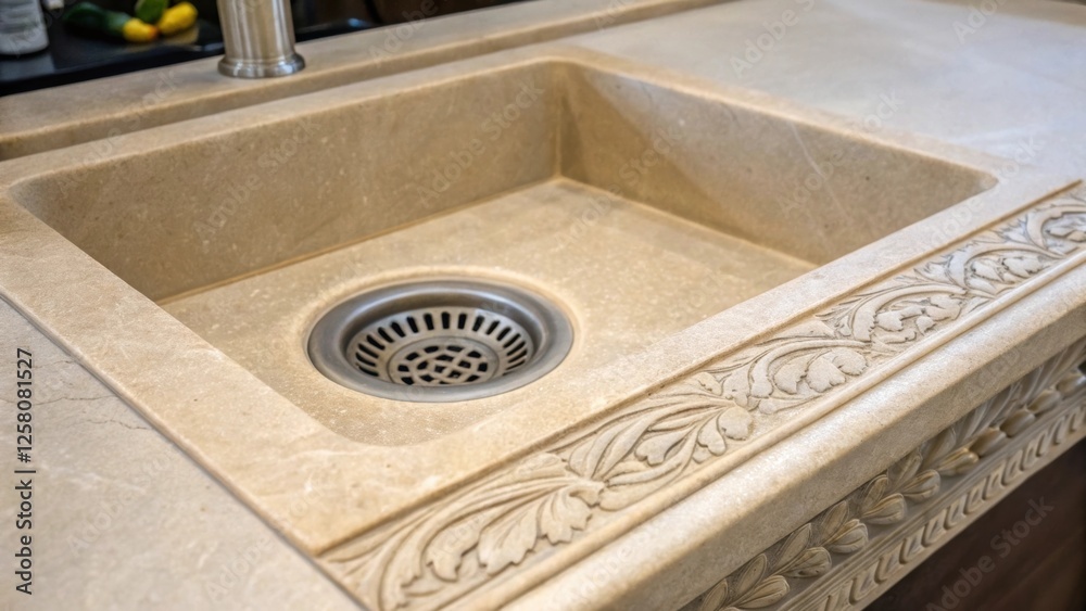Poster a closeup shot of a stone sink with intricate drainage detail featuring a modern strainer that compl