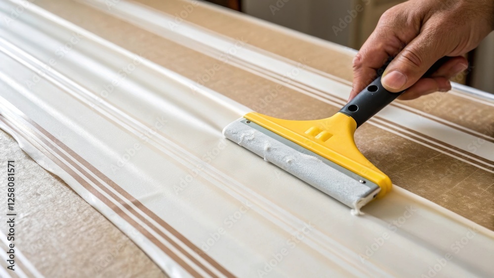 Poster a closeup shot of a wallpaper applicator smoothly spreading adhesive on the back of a wallpaper stri