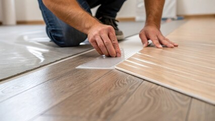 A closeup shot of a person applying adhesive to the back of a flooring plank capturing the meticulous process of installation with adhesive oozing slightly from the edges.