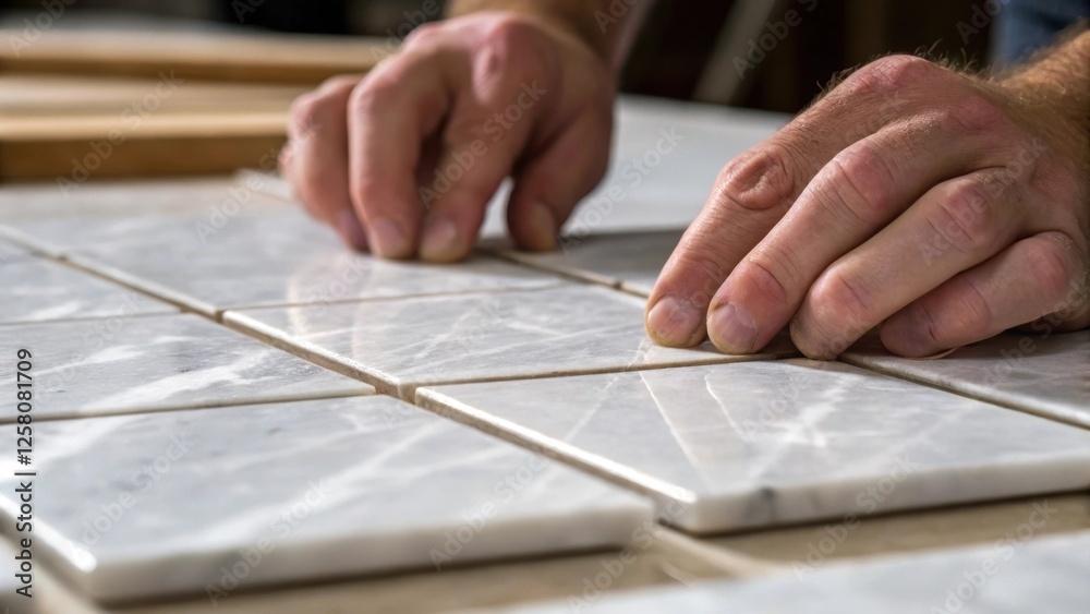 Poster A closeup shot of hands pressing a marble tile into place with a focus on the precise alignment and the glistening surface reflecting light.