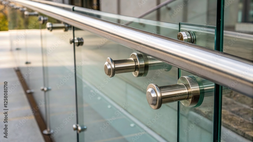 Poster A closeup shot of polished metal hardware securing a glass panel reflecting light and adding a touch of elegance and durability to the structure.