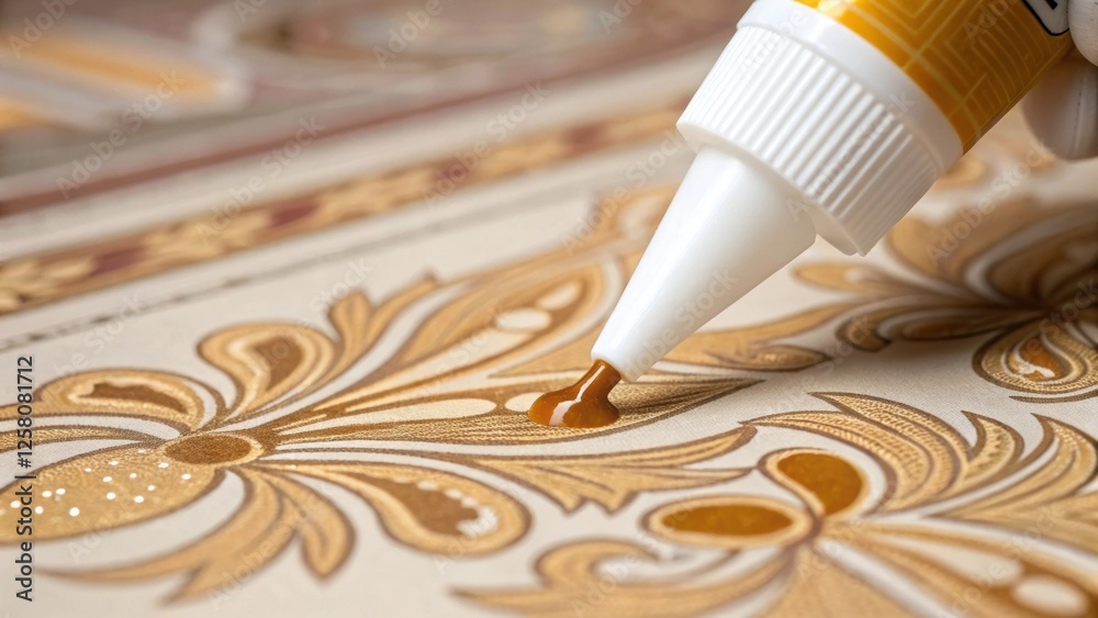 Poster a closeup shot of the adhesive being spread onto the back of the wallpaper emphasizing the applicati