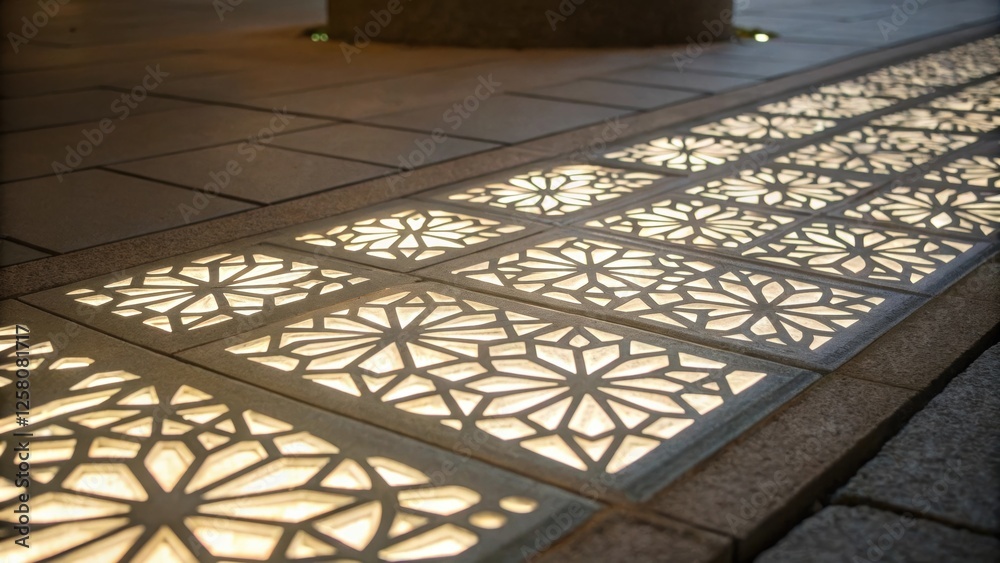 Poster A closeup shot of lightup floor tiles featuring intricate geometric designs the light diffusing gently through the semitransparent material casting intricate shadows on the base