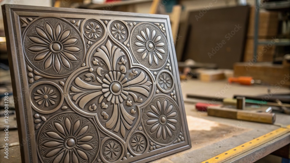 Poster A closeup shot of the floral patterns embossed into a metal panel with a blurred background of tools and materials creating a striking contrast between the ornate design and the