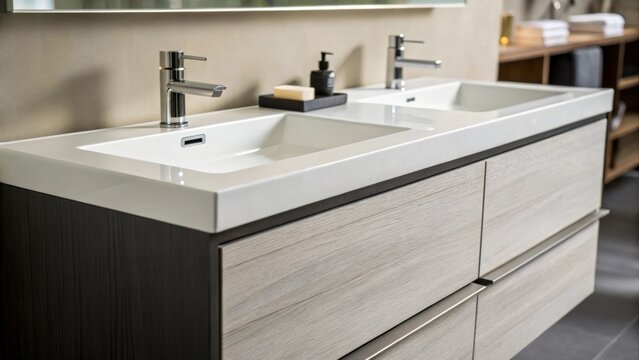 A closeup shot of the sleek lines of a floating double sink vanity creating an illusion of space and modernity with a wallmounted design that highlights the bathrooms contemporary
