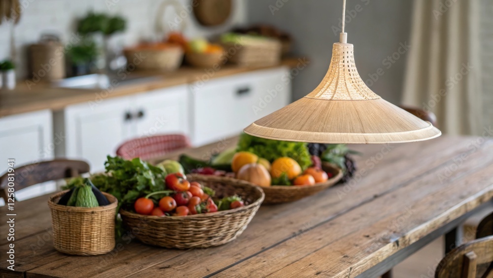 Poster a closeup showing a minimalist pendant lamp made of natural materials suspended above a rustic woode