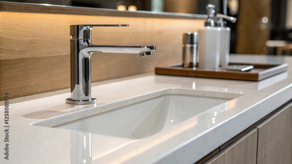 Poster a closeup shows a sink seamlessly integrated into a waterfalledge countertop with sleek faucet desig