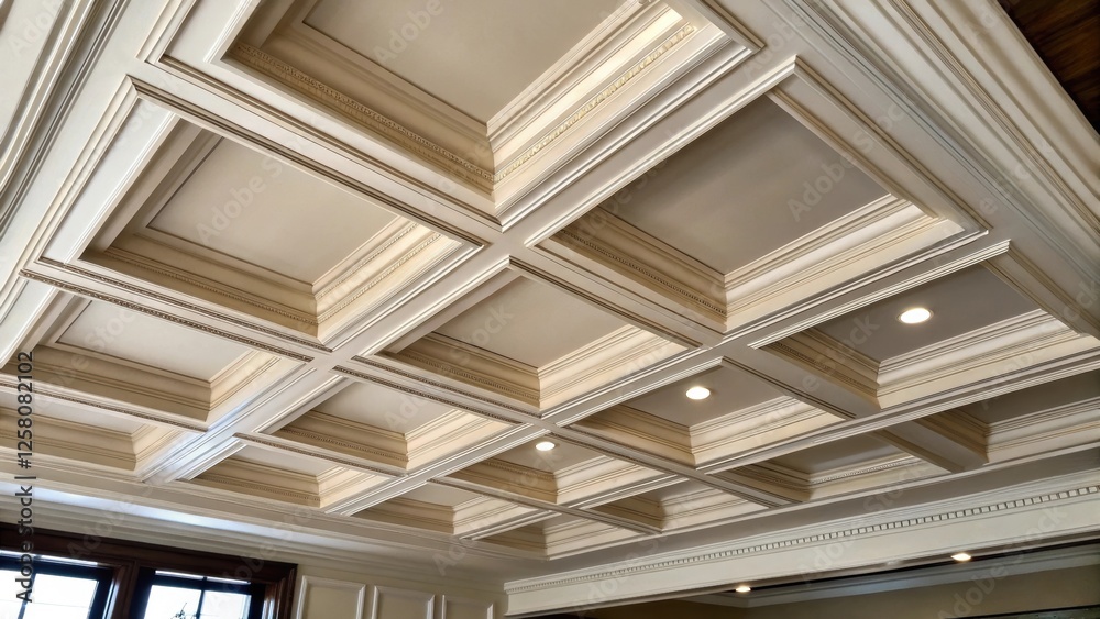 Aufkleber A closeup view of a coffered ceilings intersections where panels meet demonstrating the intricate design and precision ting required in the renovation process.