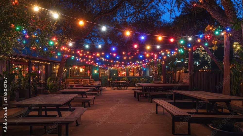 Poster a festive outdoor setting lit with colorful string lights, casting a warm, joyful glow over a gather
