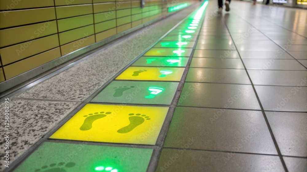 Aufkleber A closeup view of a lightup tile transitioning in color from green to yellow showcasing an interactive element where the light responds to footsteps above creating a dynamic