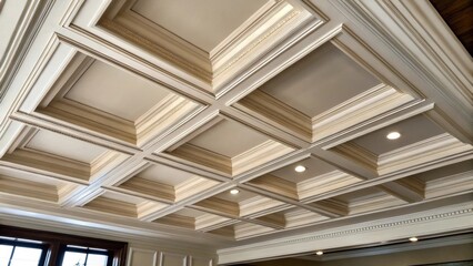 A closeup view of a coffered ceilings intersections where panels meet demonstrating the intricate design and precision ting required in the renovation process.