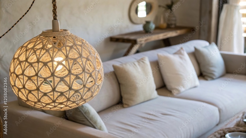 Aufkleber A closeup view of an artisan hanging light showcasing its textured surface and organic shapes paired with a minimalist sofa adorned with soft cushions in a cozy corner.