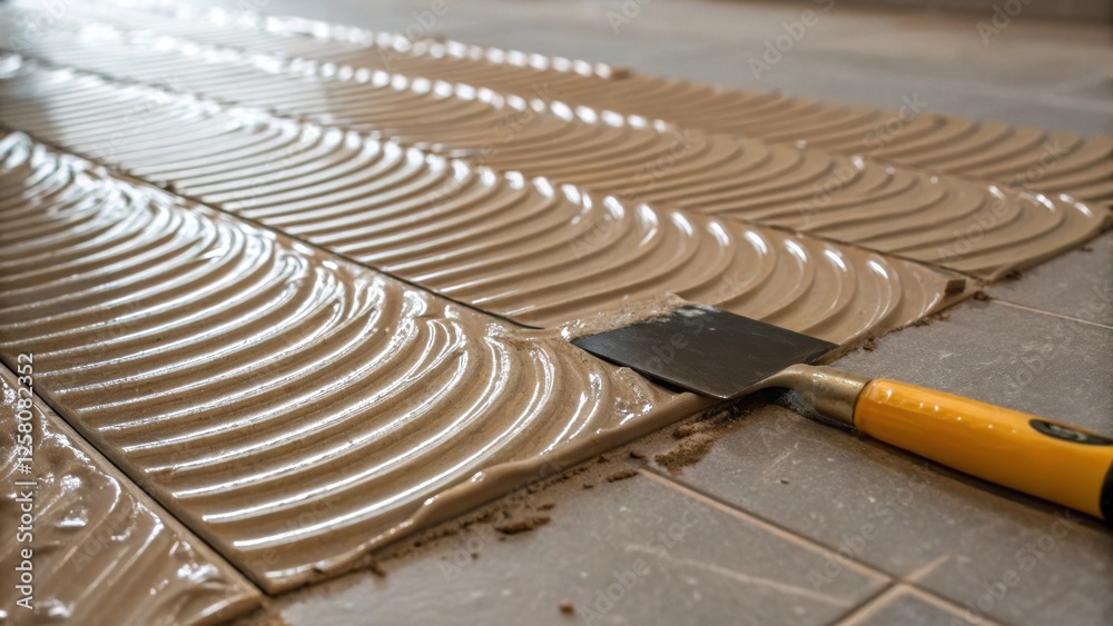 Poster A closeup view of a newly laid tile featuring a wavy surface texture glistening with adhesive alongside a small spatulalike tool used for spreading.