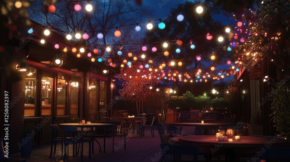 Poster a festive outdoor setting lit with colorful string lights, casting a warm, joyful glow over a gather