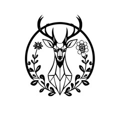 Geometric deer head encircled by a floral wreath.