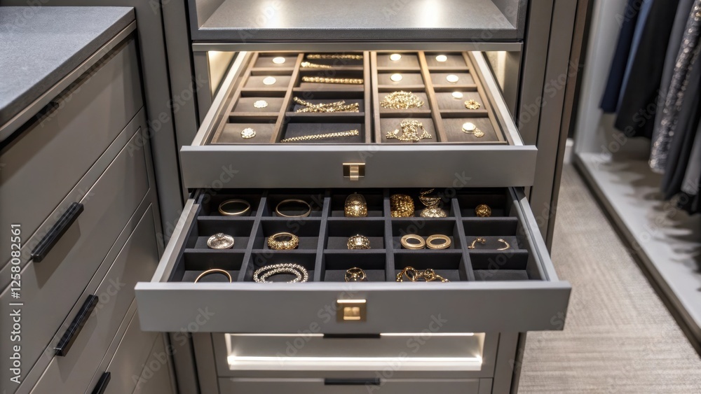 Leinwandbilder a closeup view of a walkin closets custom cabinetry displaying pullout bins for jewelry and accessor