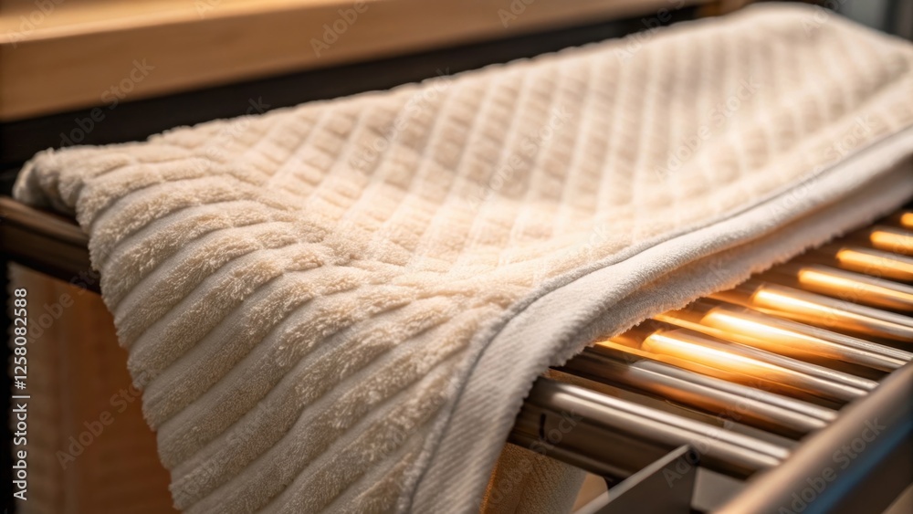 Aufkleber A closeup view of a towel draped over a heated rack highlighting the luxurious texture of the material and the gentle glow of the heating element.
