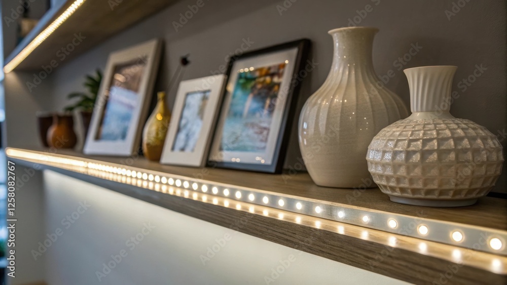 Poster A closeup view of LED strip lights installed under a floating shelf illuminating decorative objects like vases and picture frames creating a gallerylike feel.