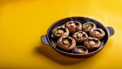 Fresh healthy grilled portobello mushrooms on yellow background