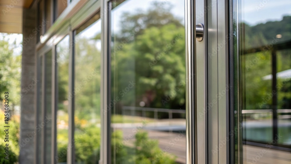 Poster a closeup view of the reflective surface of the sliding glass doors with a glimpse of outdoor greene