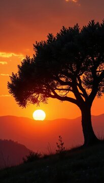 Olivo dorato con foglie amari, silhouetted against a warm orange sky at sunset, Italia, natura