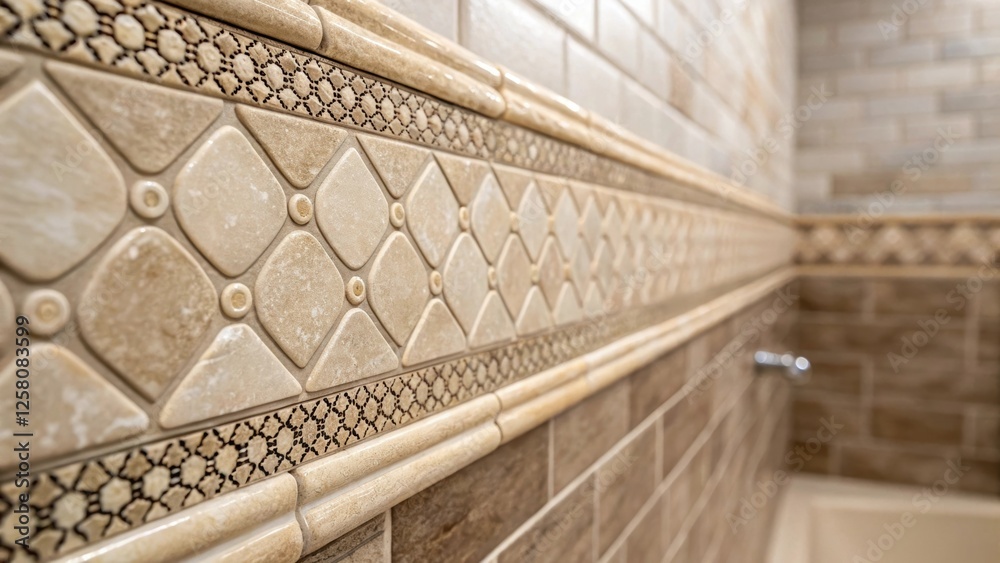 Poster a detailed closeup of a textured shower wall featuring elegant tiles that complement a spacious ra h