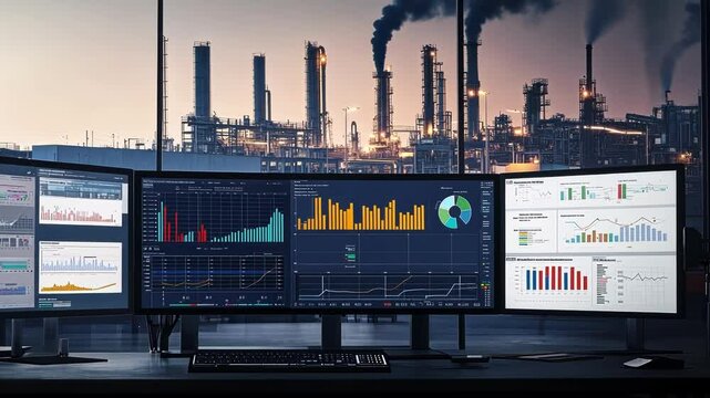Multiple computer monitors displaying real time data analysis and performance metrics of an oil refinery, enhancing operational efficiency and decision making in the energy industry