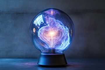 A mesmerizing plasma globe emits vibrant blue and orange electrical discharges within a glass egg-shaped enclosure.