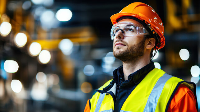 technician in safety gear looks up thoughtfully in factory setting