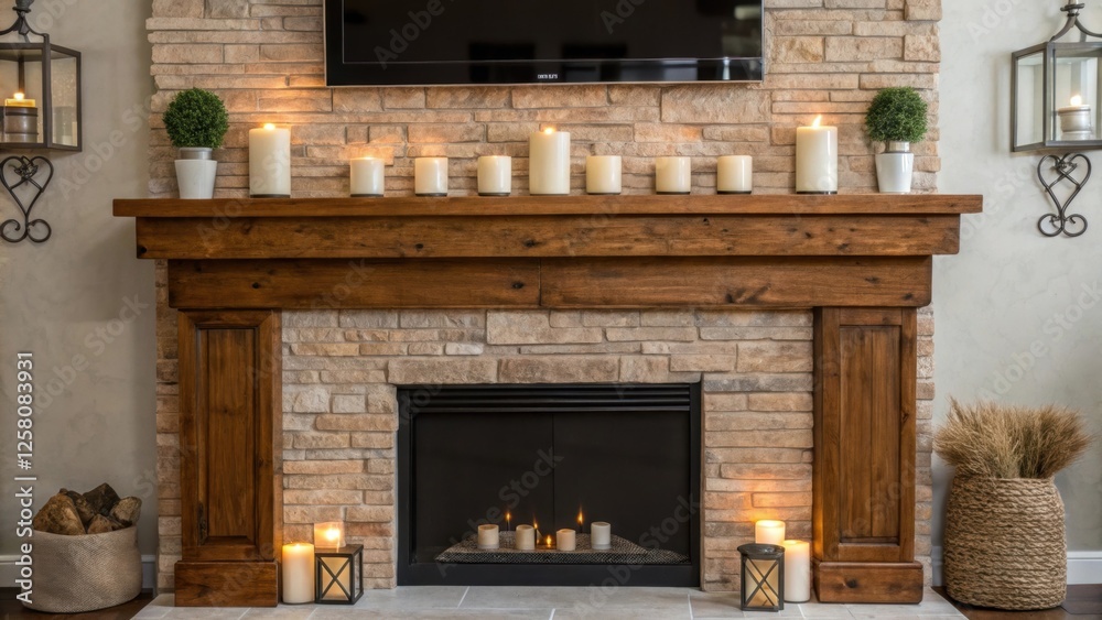 Poster a detailed view of a wallmounted fireplace with a wooden mantel laden with candles and decorative pi