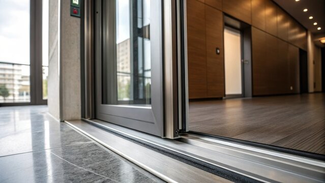 A dramatic closeup of a sliding door in motion showcasing the seamless gliding action as the door partially opens to reveal the space beyond.