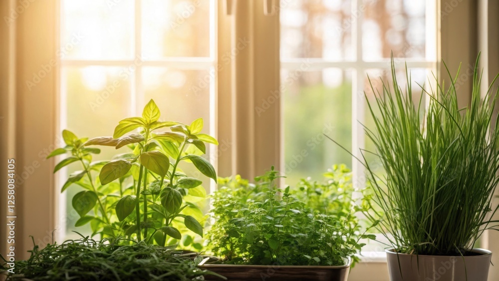 Poster A dynamic shot of herbs stretching towards a source of natural light from a wellilluminated window showcasing the interplay between the greenery and the soft light filtering into