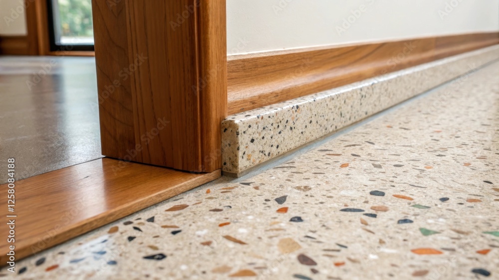 Poster A focused medium closeup of a terrazzo floor transition at the edge of a room where it meets a wooden baseboard showcasing the clean lines and harmonious relationship between
