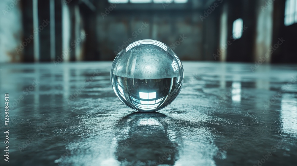 Poster a clear spherical object positioned on a glistening surface, mirroring its surroundings and creating