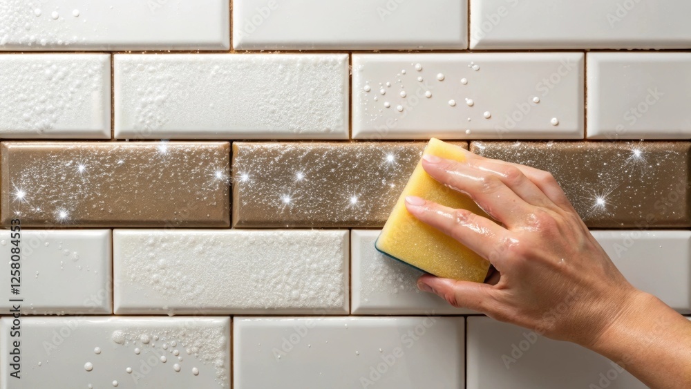 Poster a handson closeup view of a sponge cleaning excess grout from the surface of newly installed tiles w