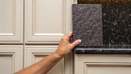A handson view of a homeowner inspecting a sample of dark granite against existing kitchen cabinetry highlighting the contrast between the two materials.